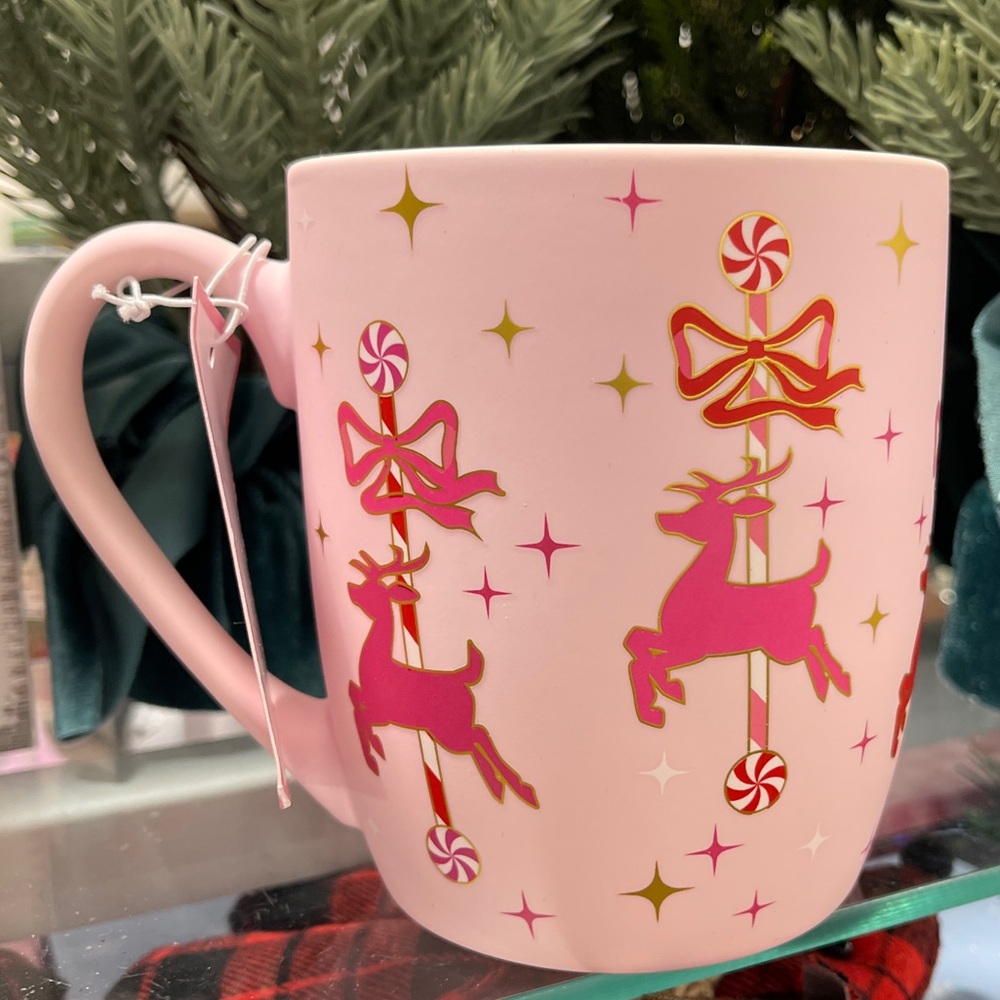 Pink Christmas Red Bow Peppermint Carousel Reindeer Soft Touch Mug NwT